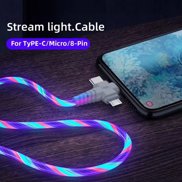 삼성용 3in1 Flow Luminous Lighting usb 케이블 3in1 2in1 LED 마이크로 USB 타입 C 8Pin 충전기 아이폰용 와이어 화웨이 샤오미