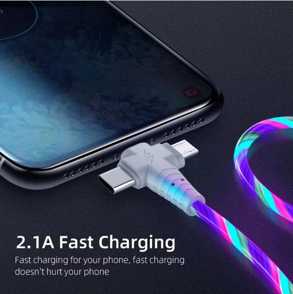 삼성용 3in1 Flow Luminous Lighting usb 케이블 3in1 2in1 LED 마이크로 USB 타입 C 8Pin 충전기 아이폰용 와이어 화웨이 샤오미